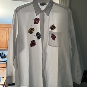 Chic White Blouse with Colorful Flip-Flop Accents